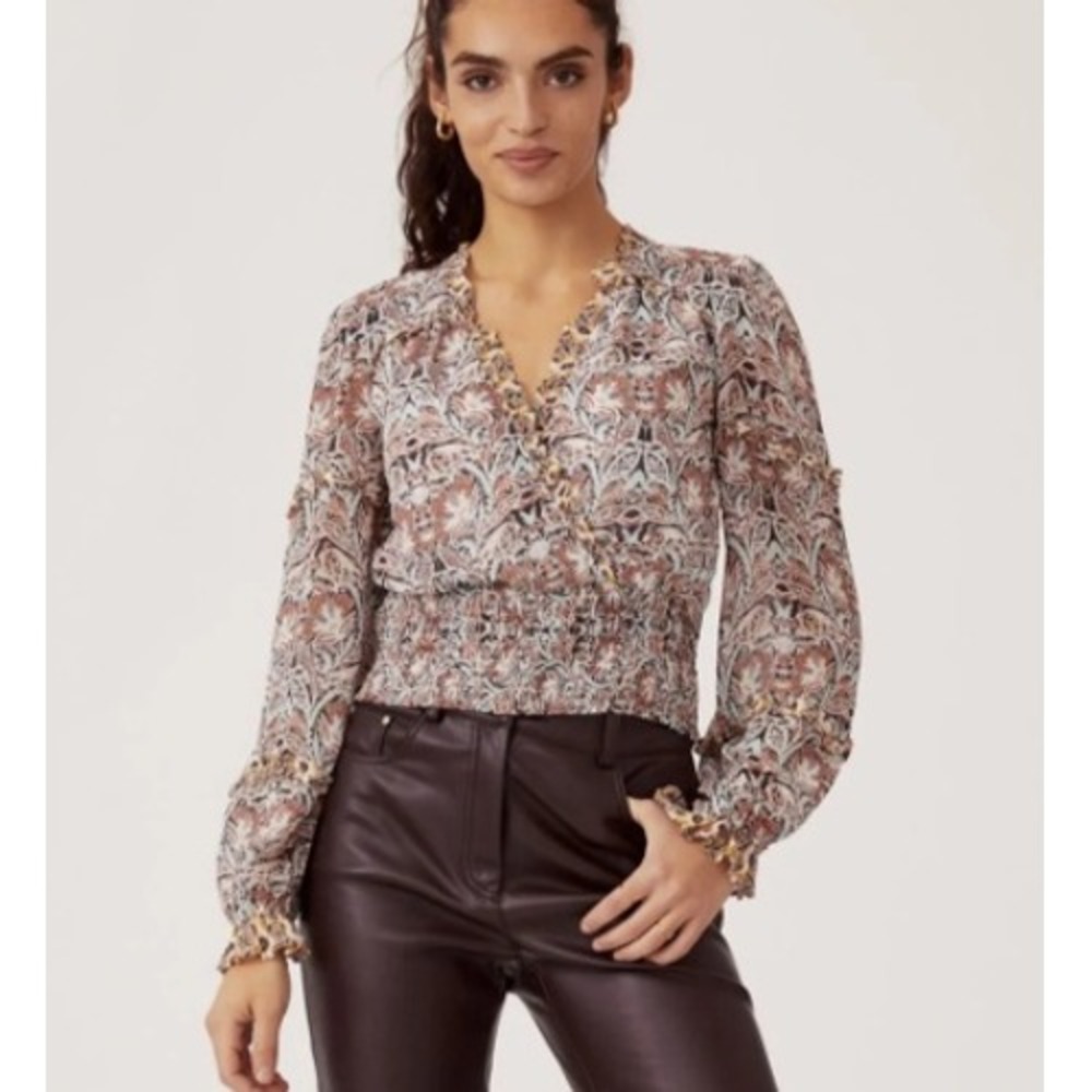 ANTHROPOLOGIE Paisley Smocked Faux Wrap Ruffle Blouse Boho‎ Fairy V-Neck XSP